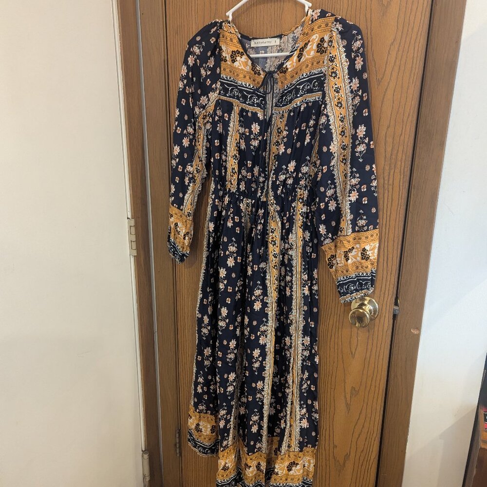 RusttyDustty Floral Maxi Boho‎ Long Sleeve Tie Collar Dress-Small - Picture 3 of 6
